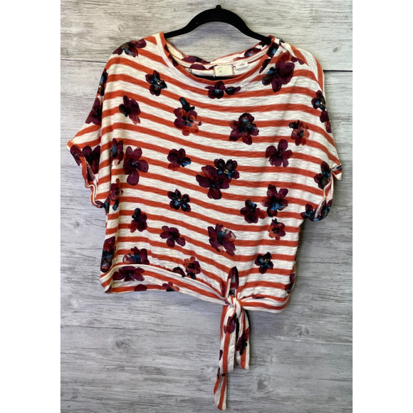Anthropologie Postmark Top Size S Short Sleeve Floral Striped Cotton 9HI5 STCL - Picture 1 of 8